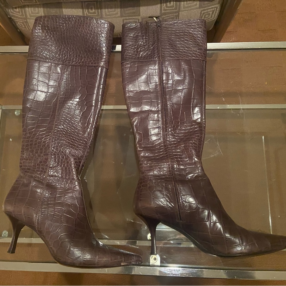 Brown Cole Haan Leather Crocodile Knee High Boots